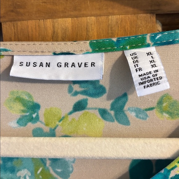 LIKE NEW Susan Graver Liquid Knit short sleeve beige & teal hi-lo hem top XL - Picture 3 of 5